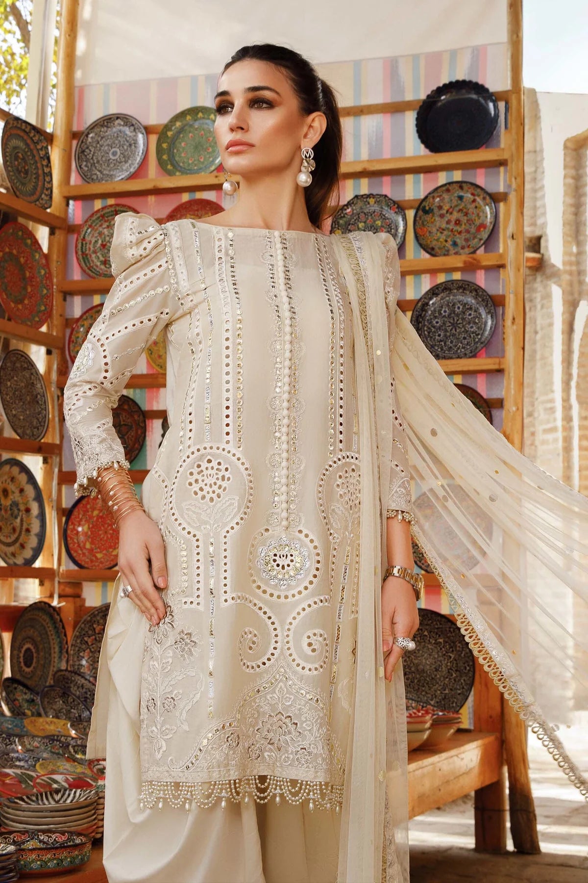 Maria B Inspired Embroidered Long Kameez 3 Piece Lawn Outfit With Net Dupatta - Desi Posh