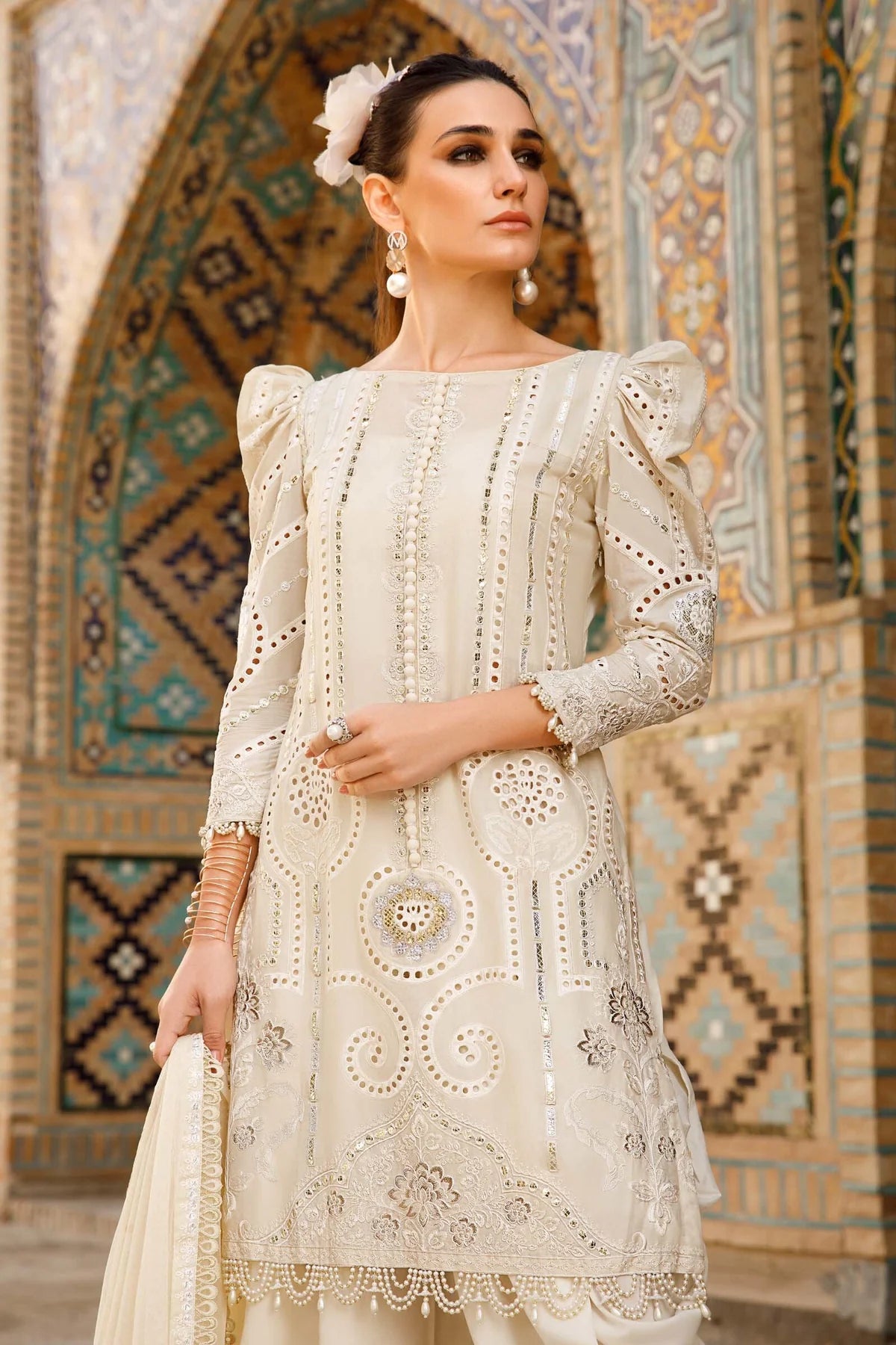 Maria B Inspired Embroidered Long Kameez 3 Piece Lawn Outfit With Net Dupatta - Desi Posh
