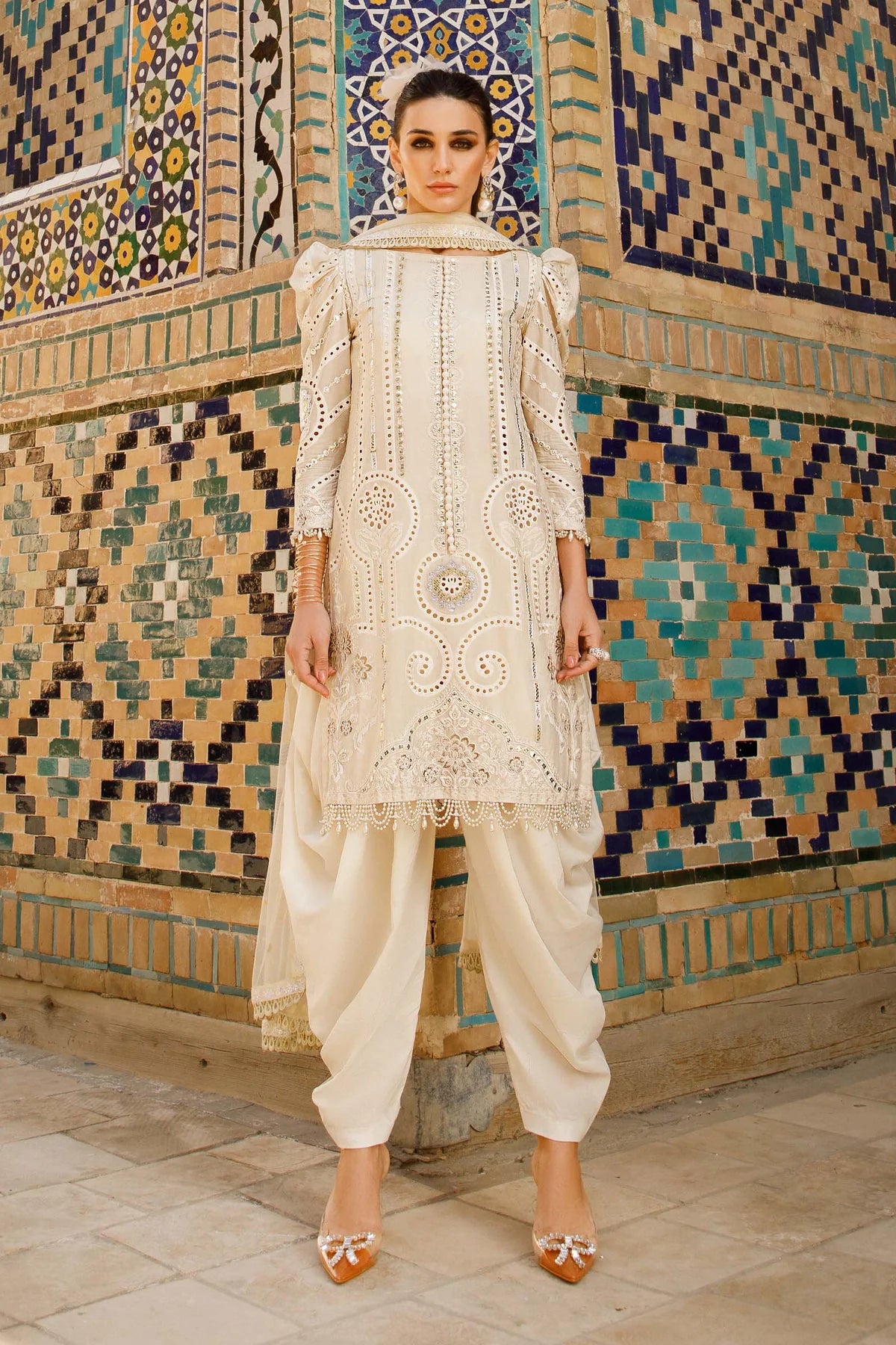 Maria B Inspired Embroidered Long Kameez 3 Piece Lawn Outfit With Net Dupatta - Desi Posh