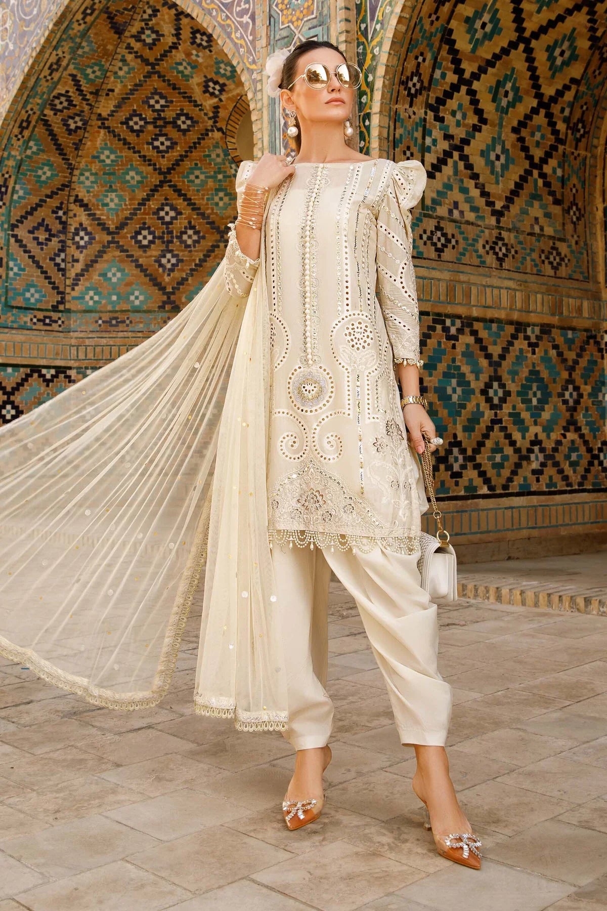 Maria B Inspired Embroidered Long Kameez 3 Piece Lawn Outfit With Net Dupatta - Desi Posh