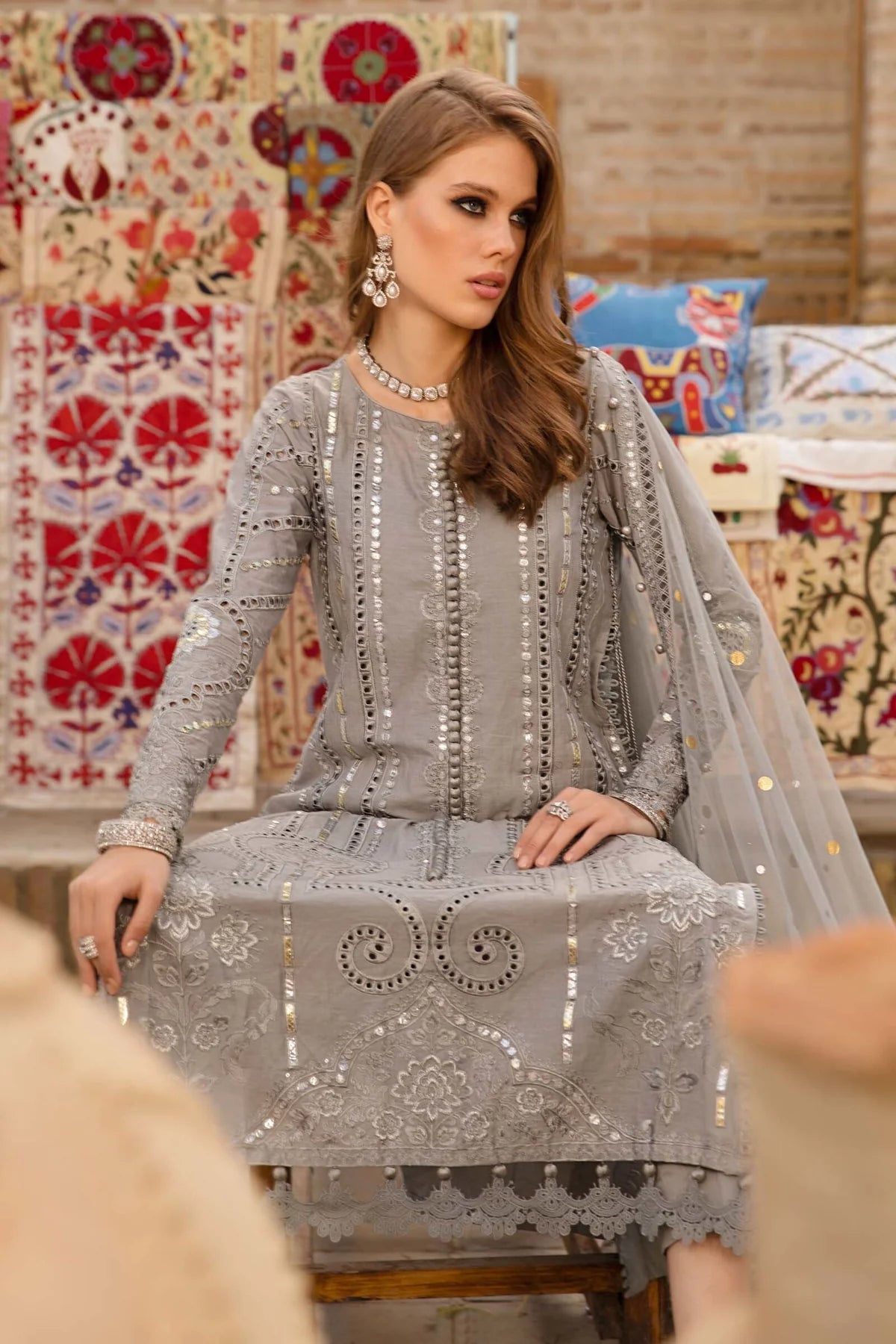 Maria B Inspired Embroidered Grey 3 Piece Lawn Outfit With Net Dupatta - Desi Posh