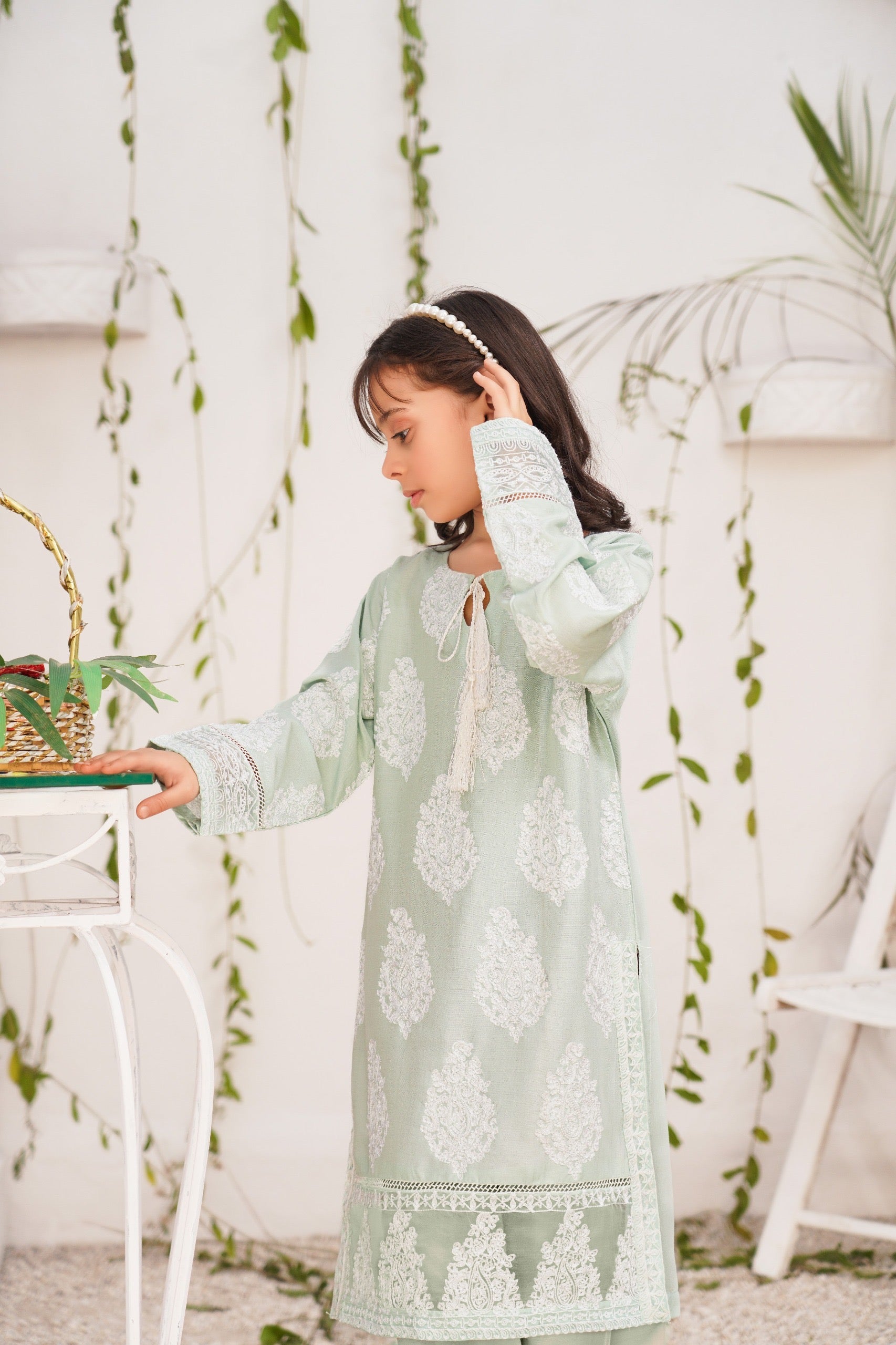 Jannat 2.0 Mint Green Mummy & Me Girls 3 Piece Suit With Net Dupatta - Desi Posh