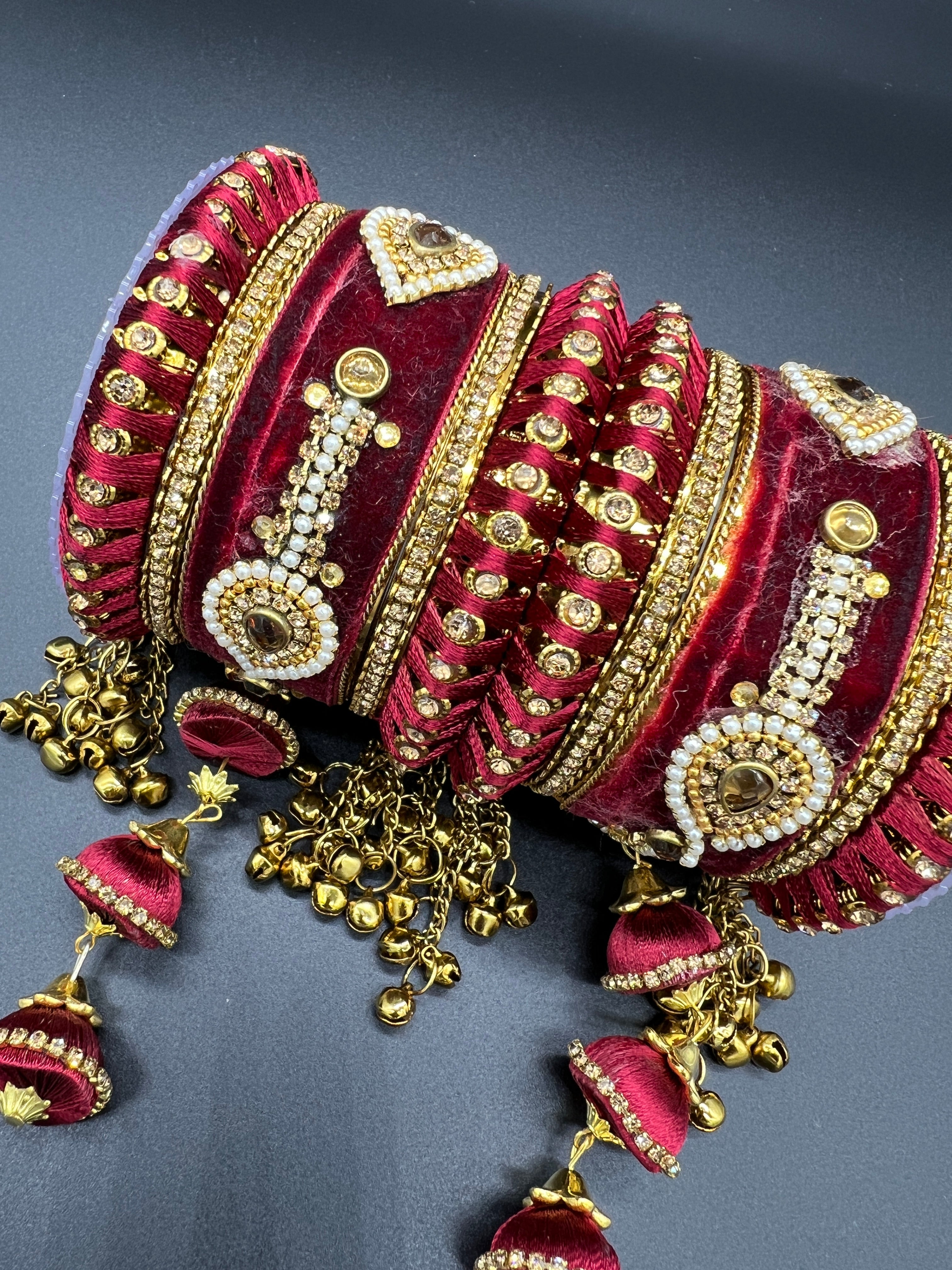 Maroon Thread and Gold Stone Work Bangles - Desi Posh