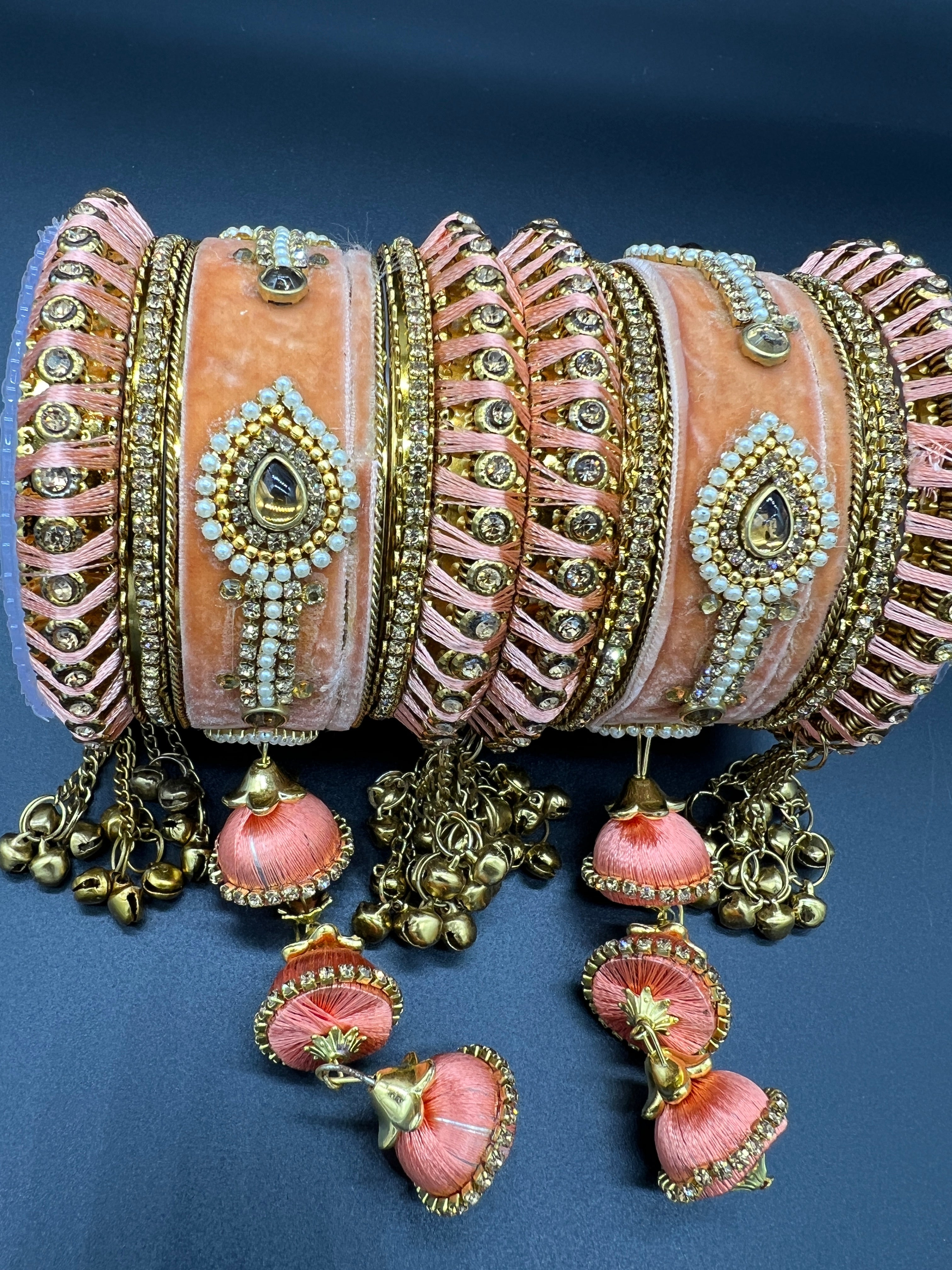 Peachy Pink Thread and Gold Stone Work Bangles - Desi Posh