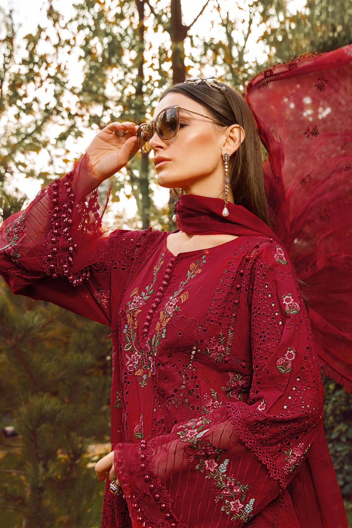 Maria B Inspired Embroidered Maroon Lawn 3 Piece Outfit - Desi Posh