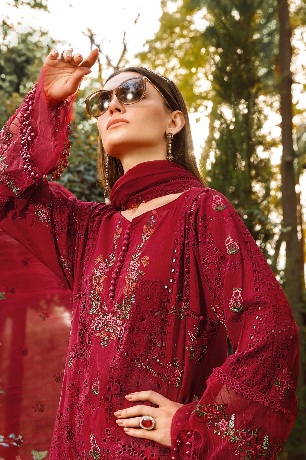 Maria B Inspired Embroidered Maroon Lawn 3 Piece Outfit - Desi Posh