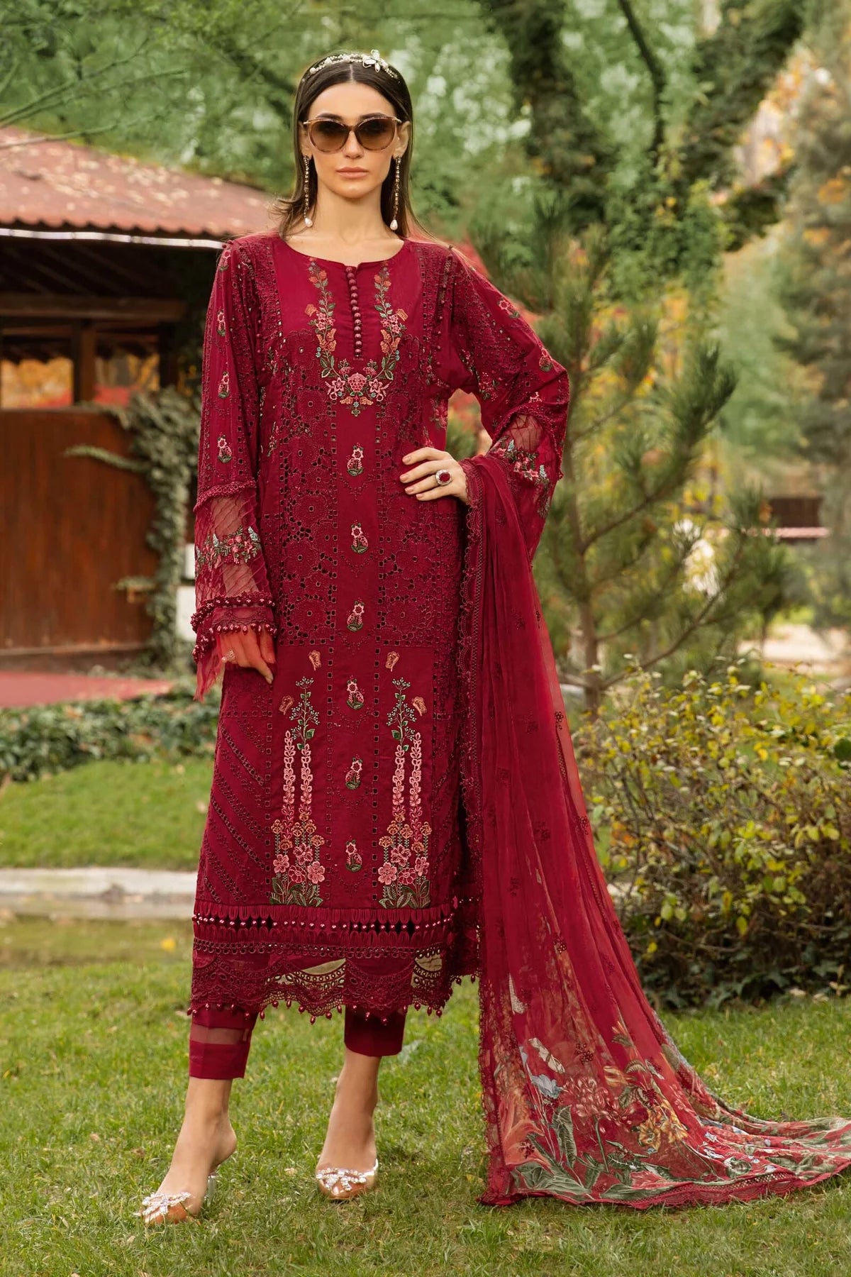Maria B Inspired Embroidered Maroon Lawn 3 Piece Outfit - Desi Posh