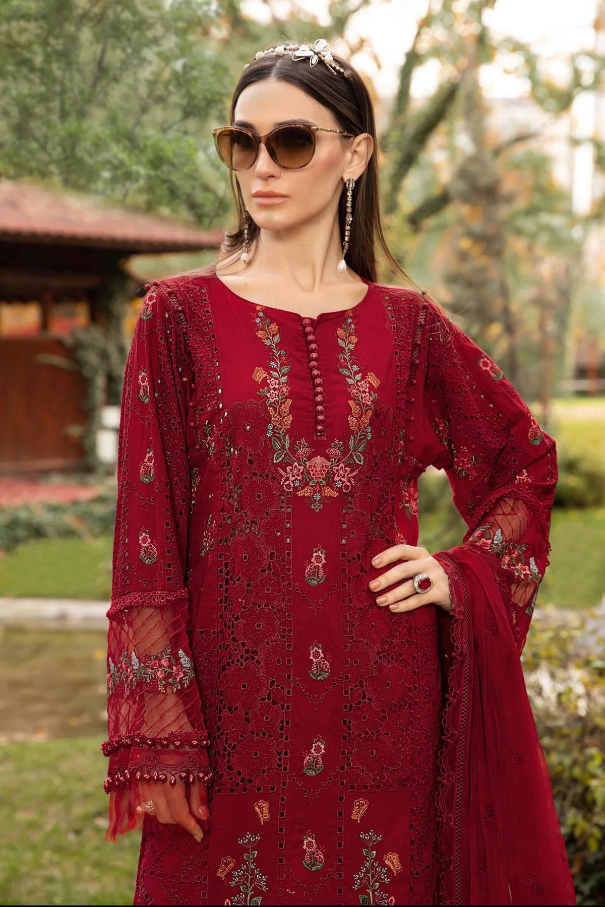 Maria B Inspired Embroidered Maroon Lawn 3 Piece Outfit - Desi Posh