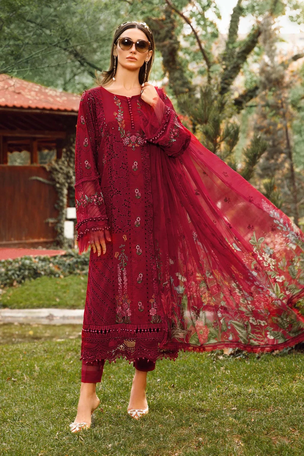 Maria B Inspired Embroidered Maroon Lawn 3 Piece Outfit - Desi Posh