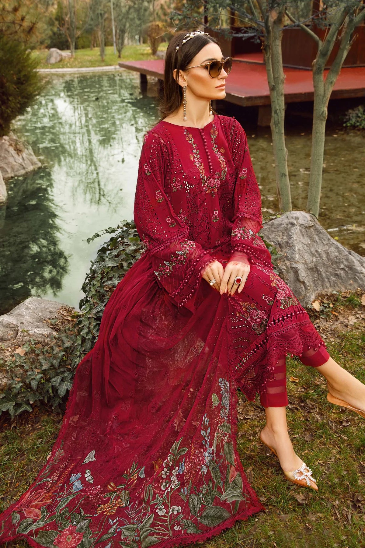 Maria B Inspired Embroidered Maroon Lawn 3 Piece Outfit - Desi Posh