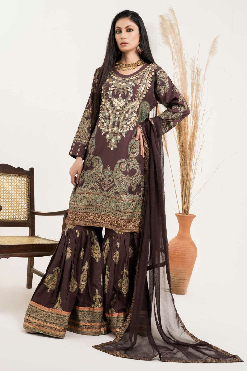Simrans 3 Piece Block Print Linen Outfit with Gharara Trousers Brown - Desi Posh