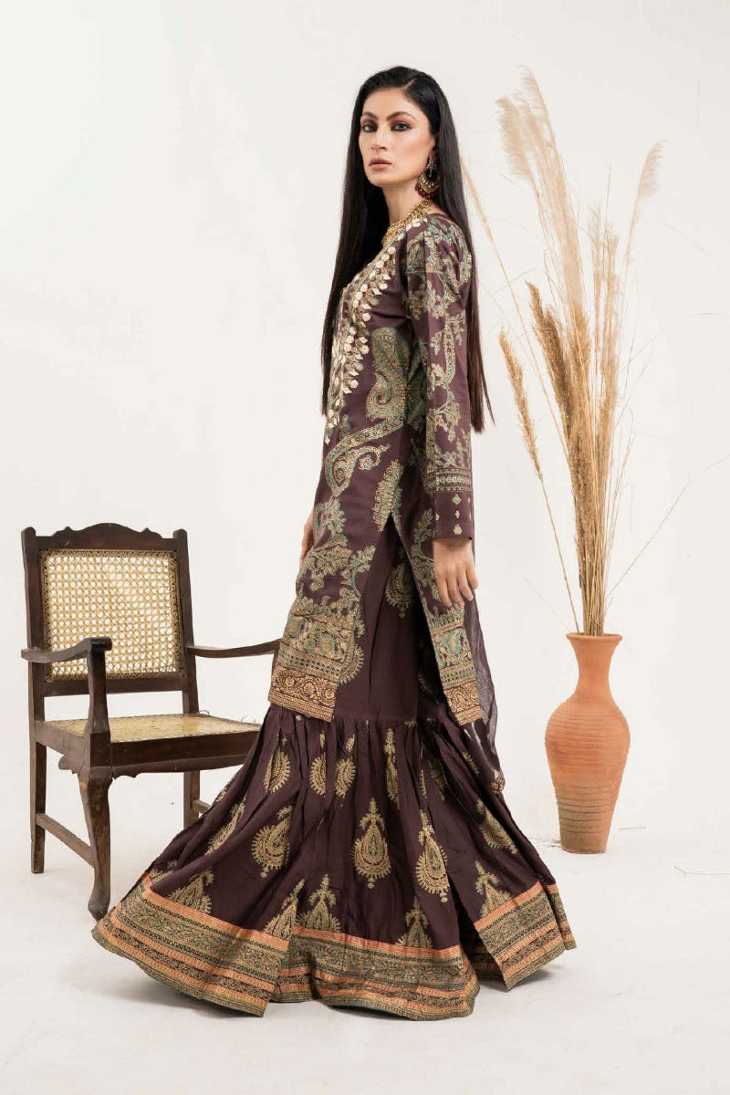 Simrans 3 Piece Block Print Linen Outfit with Gharara Trousers Brown - Desi Posh