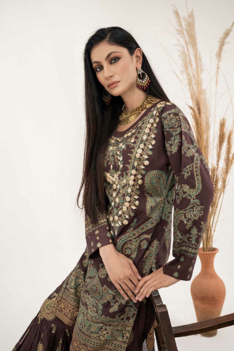 Simrans 3 Piece Block Print Linen Outfit with Gharara Trousers Brown - Desi Posh