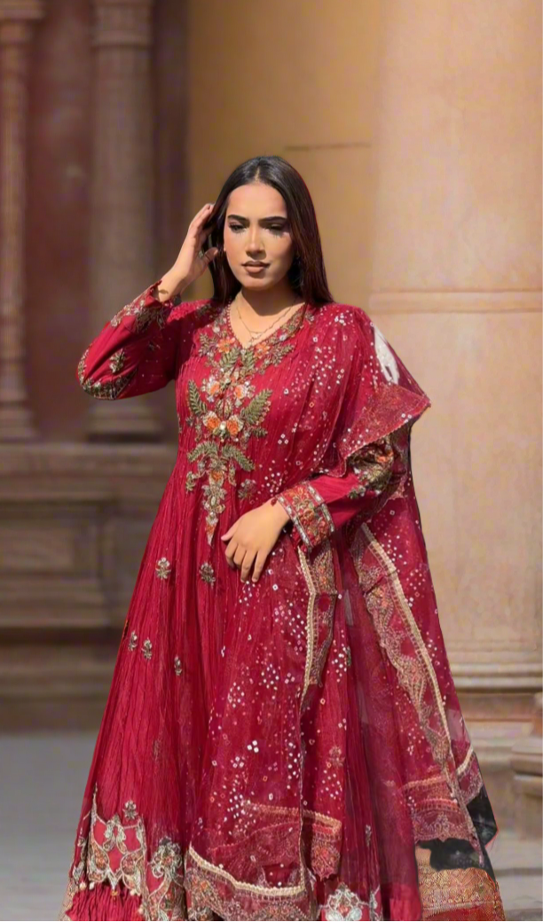 Maria B Inspired Embroidered Net D2403-B 3 Piece Outfit With Net Dupatta - Desi Posh