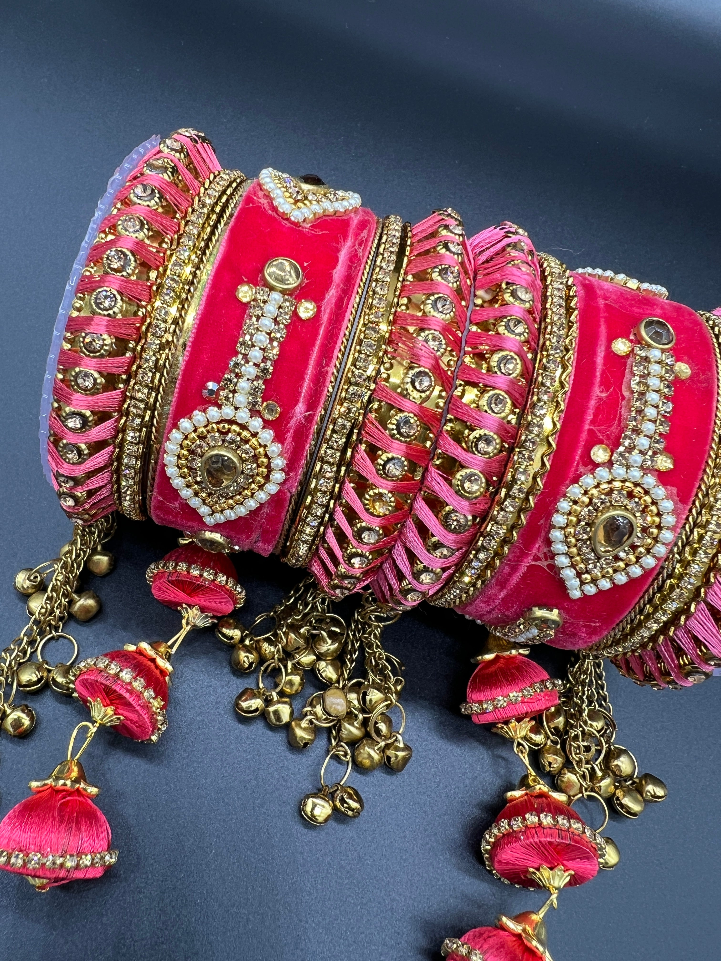 Pink Thread and Gold Stone Work Bangles - Desi Posh