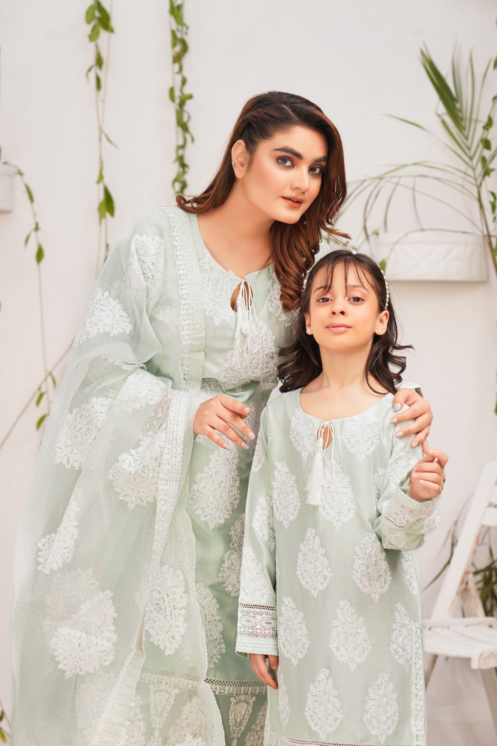 Jannat 2.0 Mint Green Mummy & Me Girls 3 Piece Suit With Net Dupatta - Desi Posh