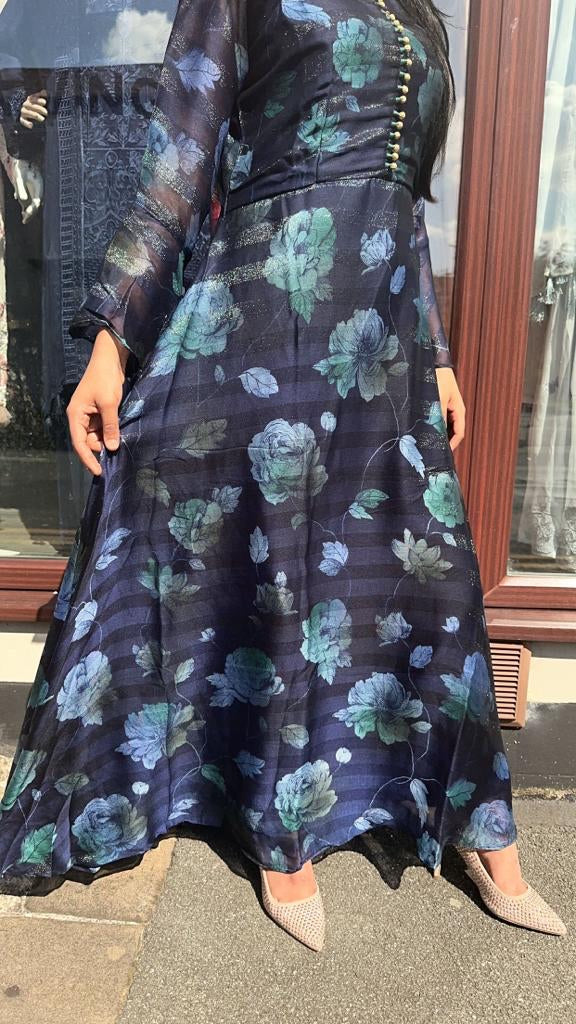 Palachi Print Detailed Designer Long Chiffon Dress Blue - Desi Posh