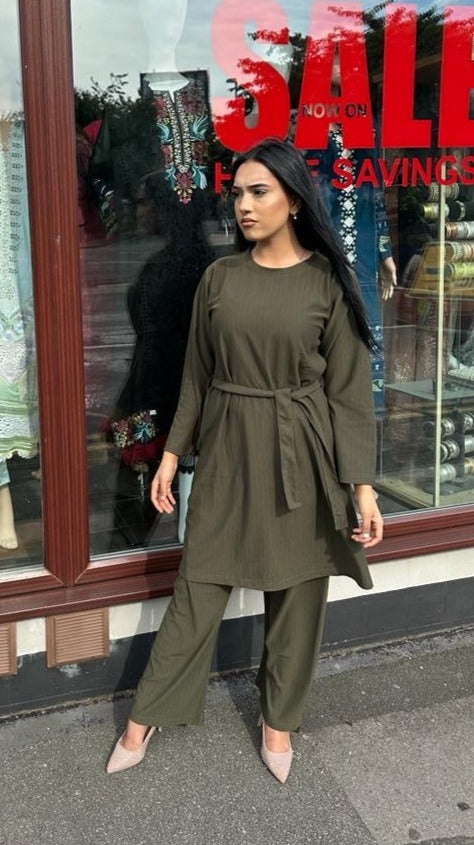 Aisha Jersey Belted Co ord Set Khaki - Desi Posh