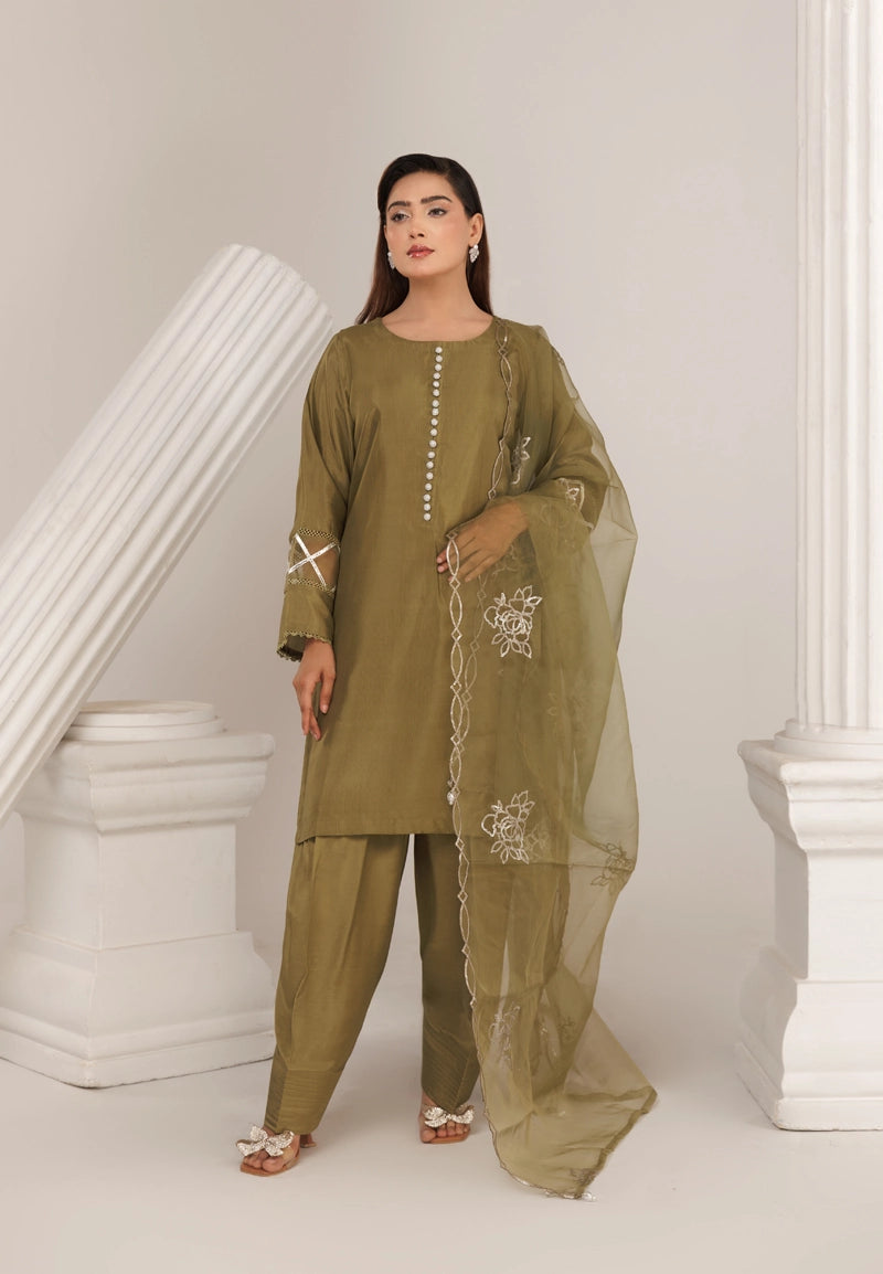 Firdous Eid Silk Green Suit With Farshi Salwar and Embroidered Net Dupatta - Desi Posh