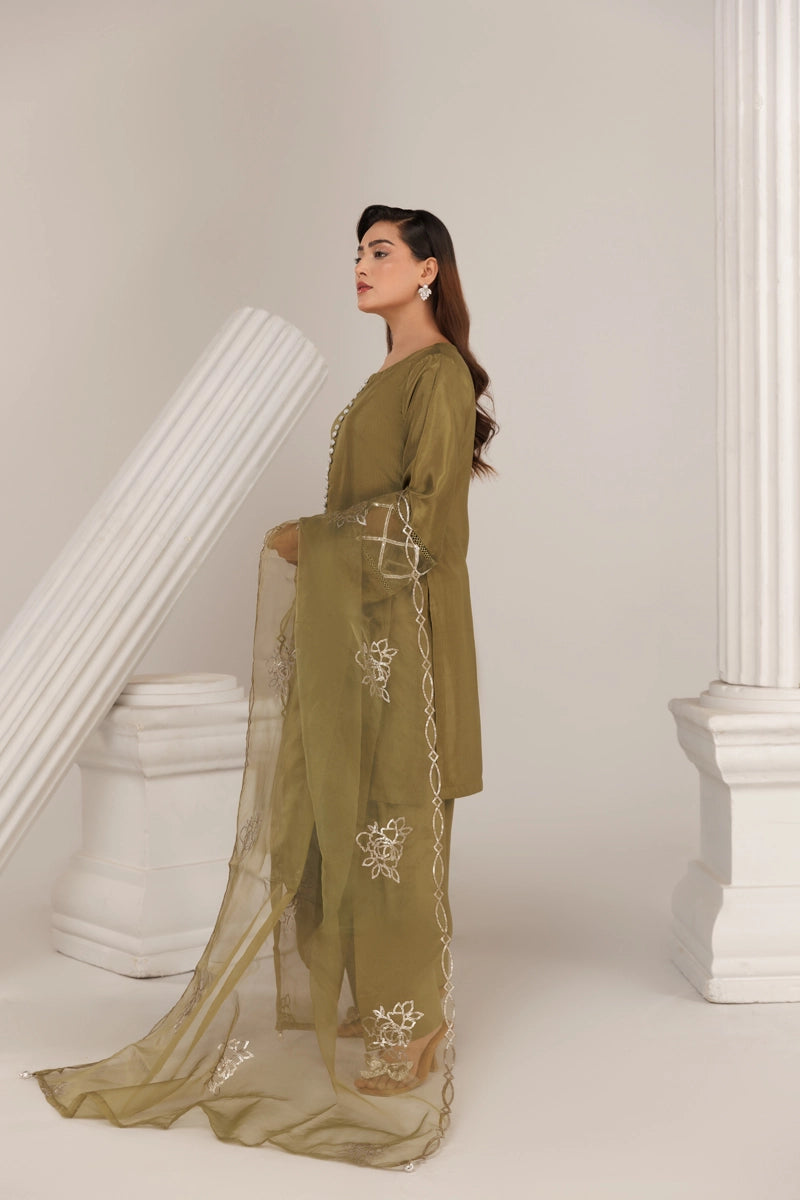 Firdous Eid Silk Green Suit With Farshi Salwar and Embroidered Net Dupatta - Desi Posh