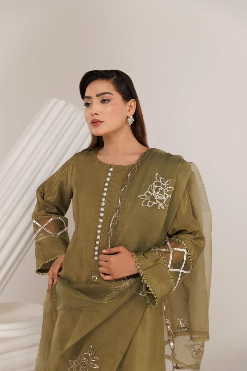 Firdous Eid Silk Green Suit With Farshi Salwar and Embroidered Net Dupatta - Desi Posh