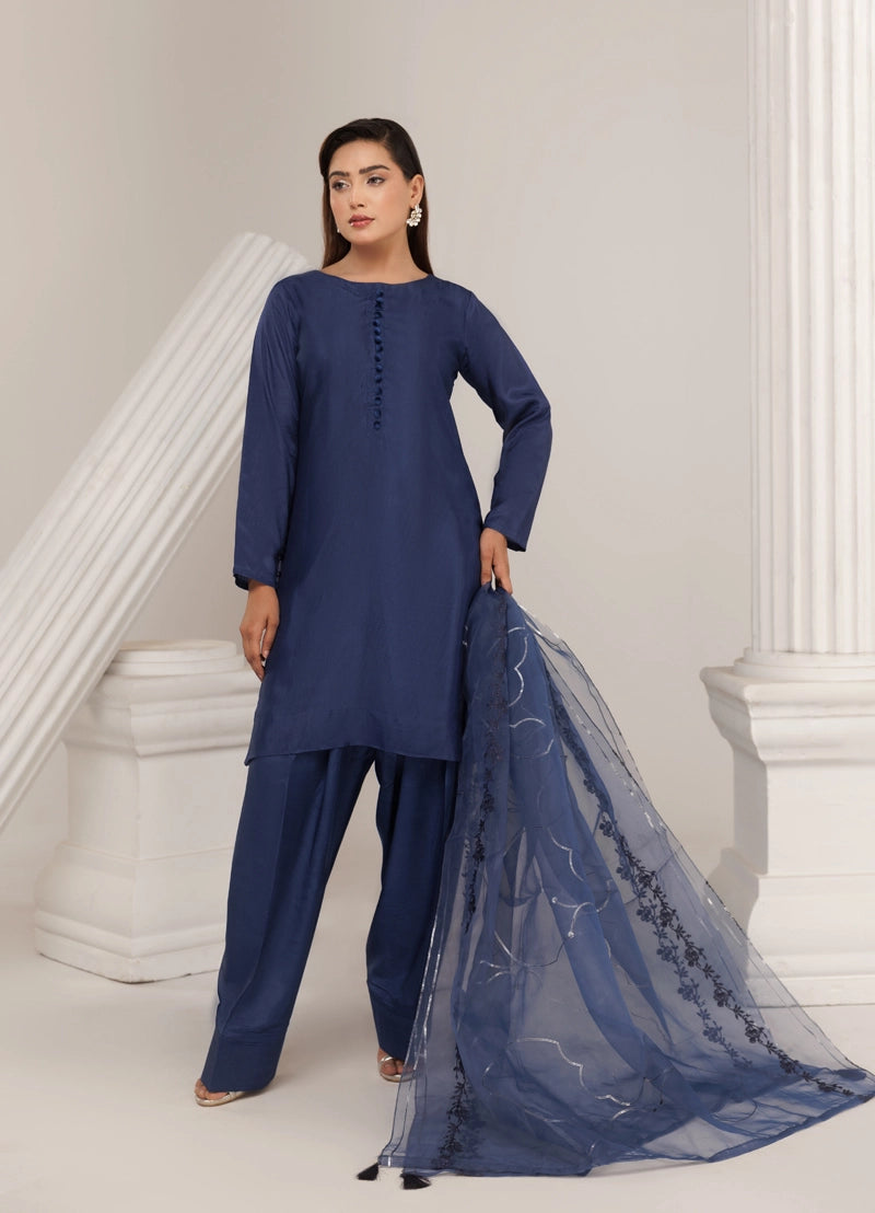 Firdous Eid Silk Blue Suit With Farshi Salwar and Embroidered Net Dupatta - Desi Posh
