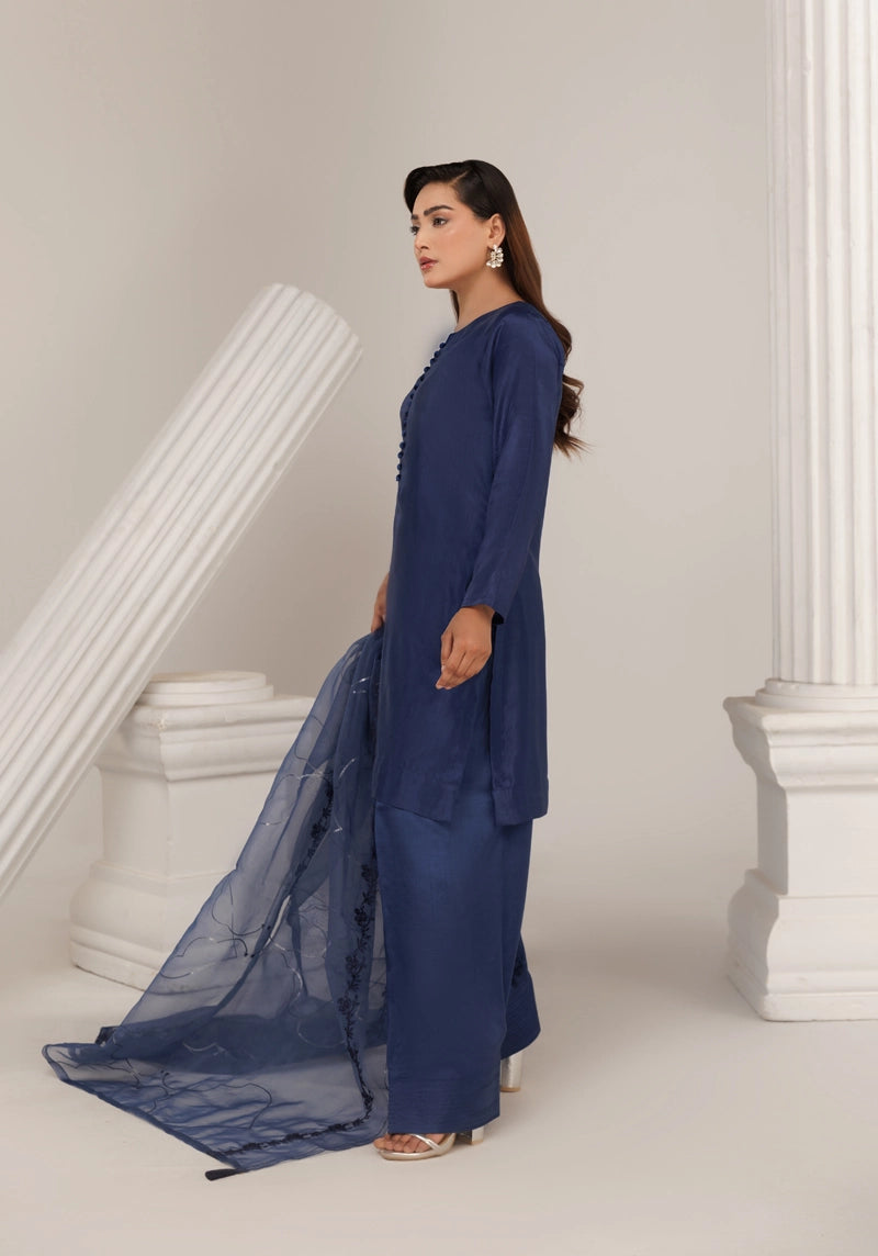 Firdous Eid Silk Blue Suit With Farshi Salwar and Embroidered Net Dupatta - Desi Posh