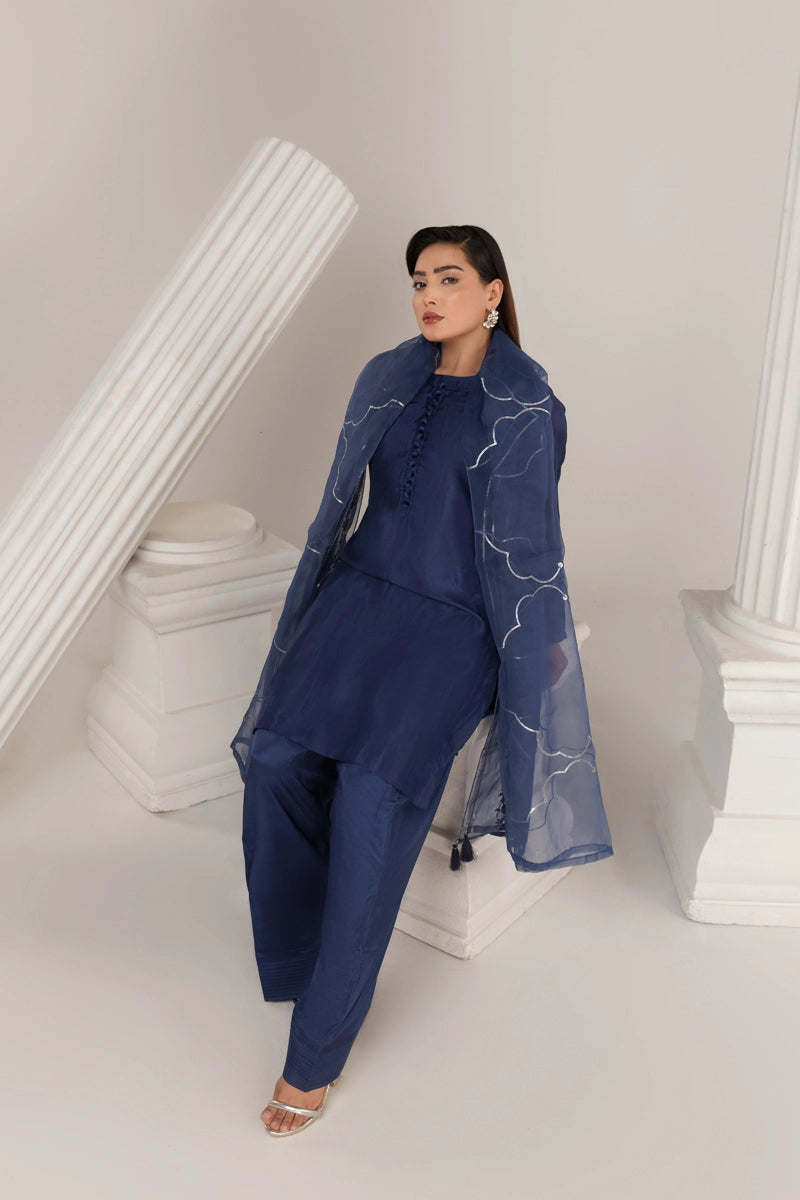Firdous Eid Silk Blue Suit With Farshi Salwar and Embroidered Net Dupatta - Desi Posh