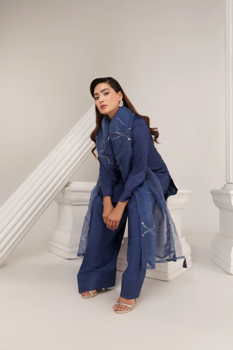 Firdous Eid Silk Blue Suit With Farshi Salwar and Embroidered Net Dupatta - Desi Posh