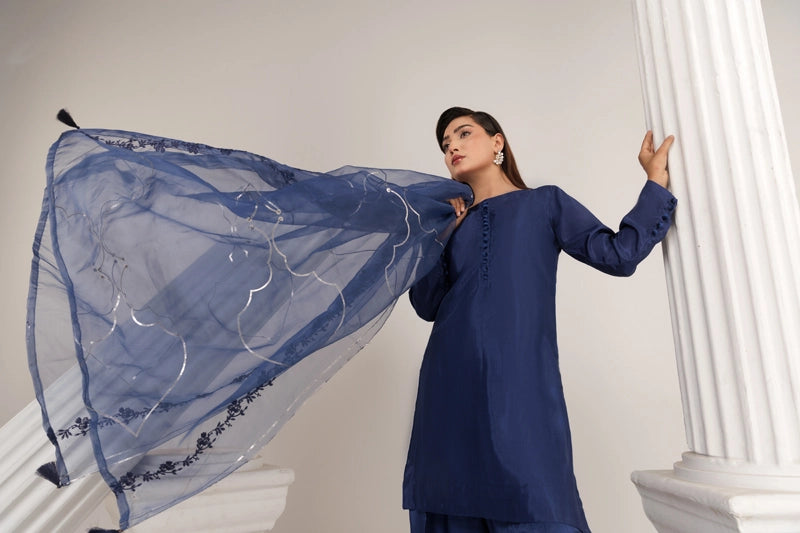 Firdous Eid Silk Blue Suit With Farshi Salwar and Embroidered Net Dupatta - Desi Posh