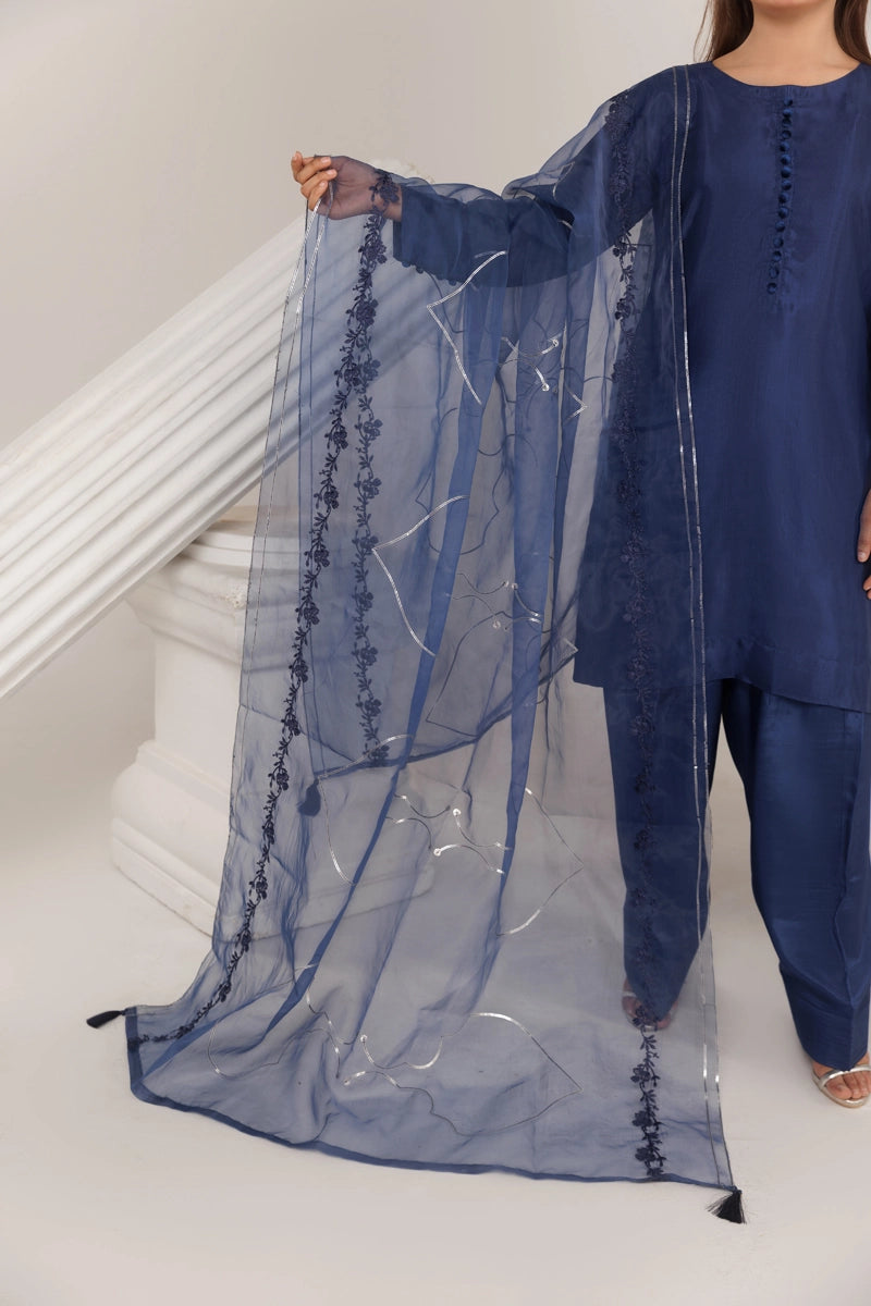 Firdous Eid Silk Blue Suit With Farshi Salwar and Embroidered Net Dupatta - Desi Posh