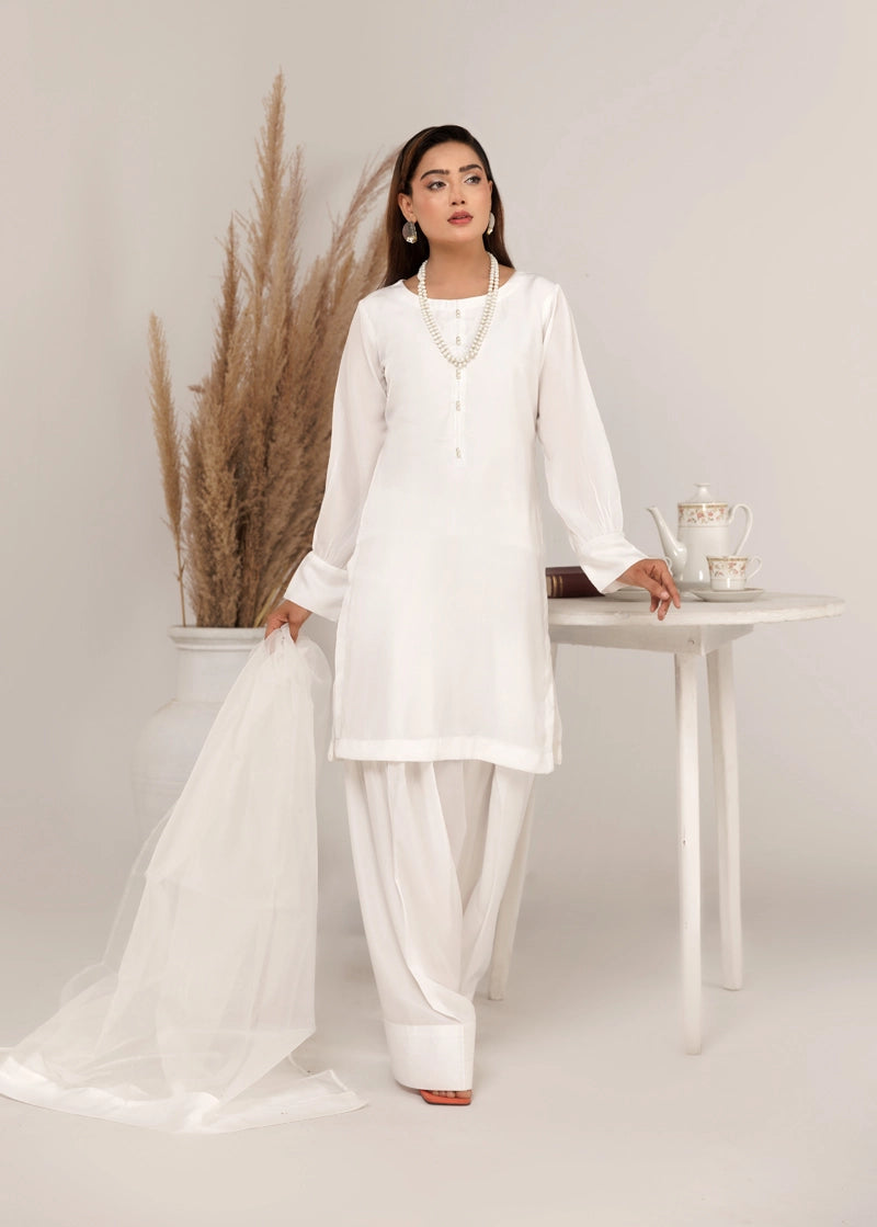 Firdous Eid Silk White Suit With Farshi Salwar and Net Dupatta - Desi Posh