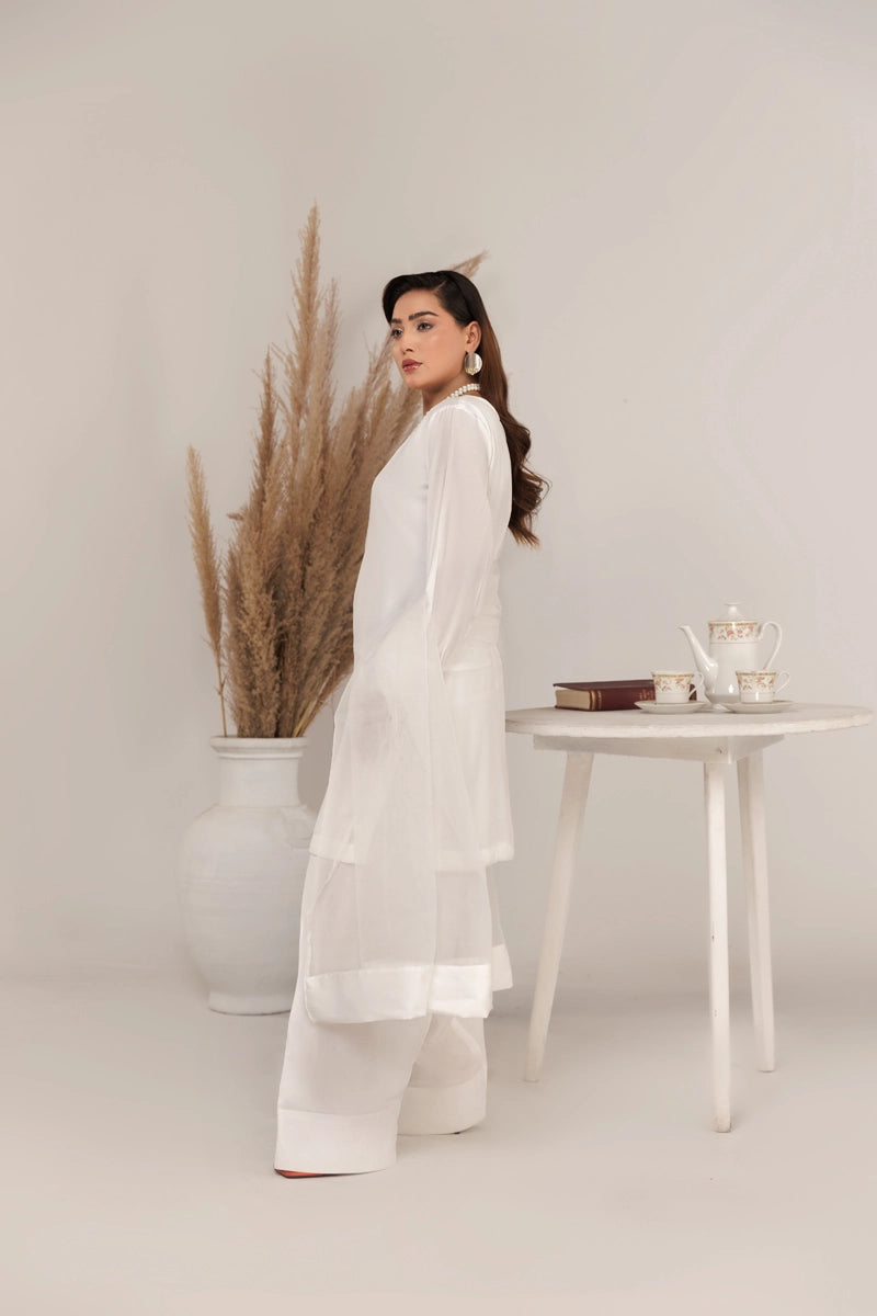 Firdous Eid Silk White Suit With Farshi Salwar and Net Dupatta - Desi Posh
