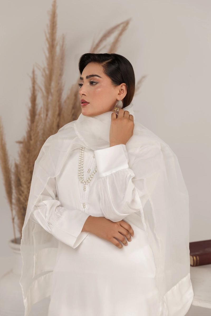 Firdous Eid Silk White Suit With Farshi Salwar and Net Dupatta - Desi Posh