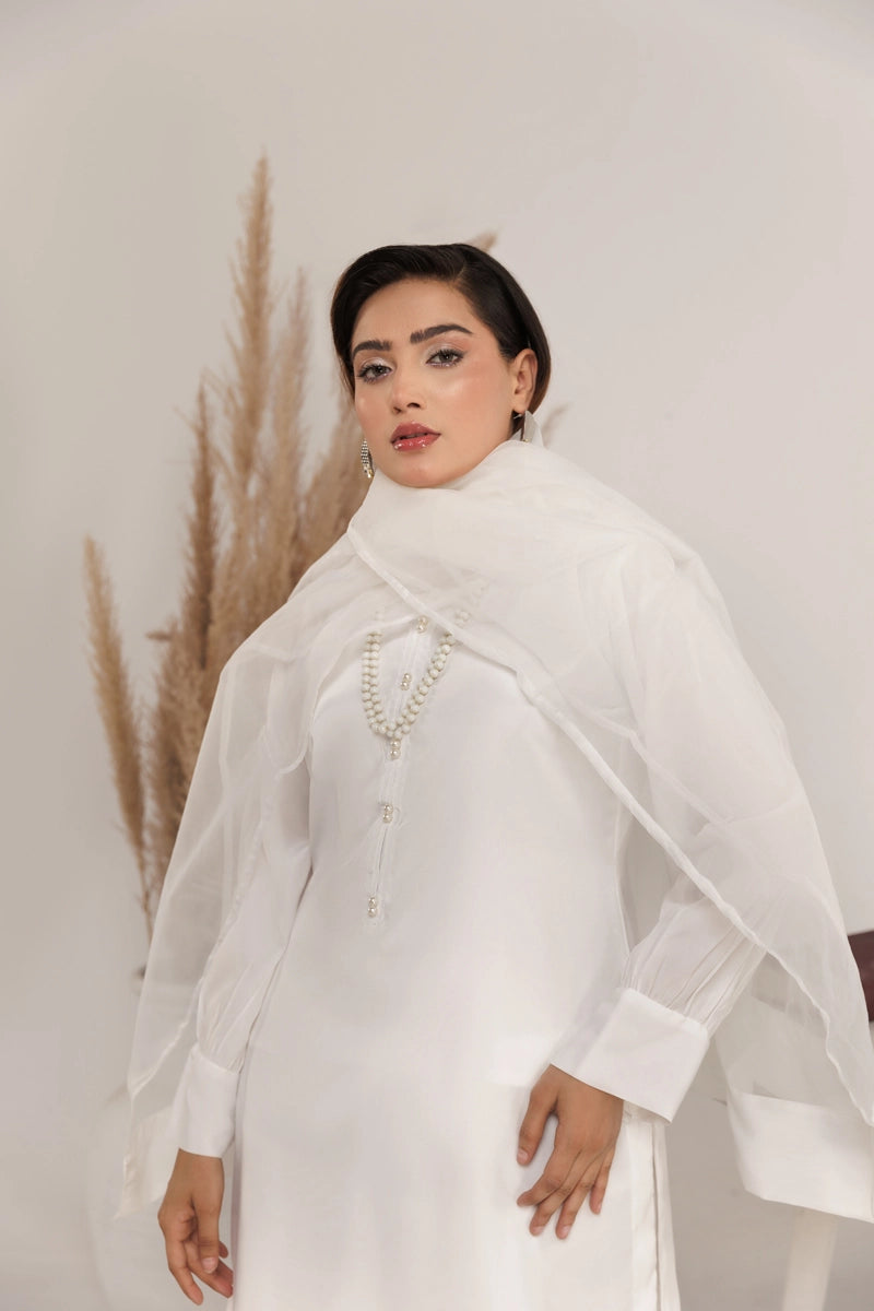 Firdous Eid Silk White Suit With Farshi Salwar and Net Dupatta - Desi Posh