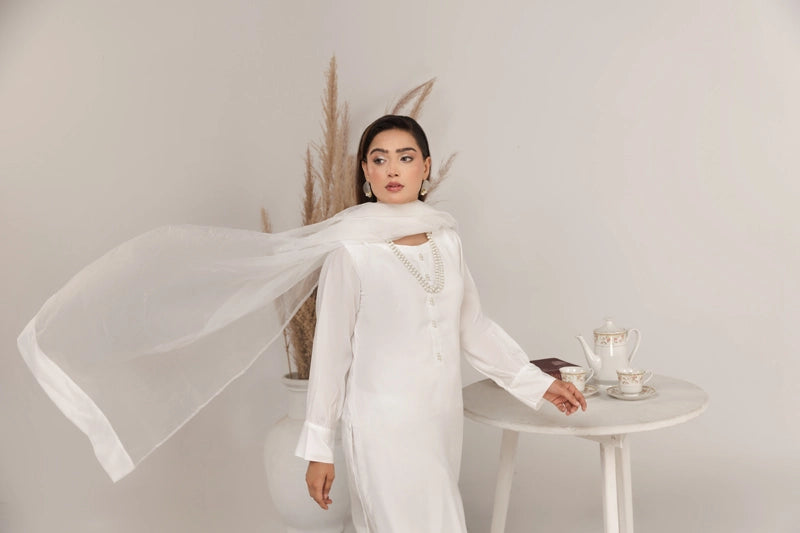 Firdous Eid Silk White Suit With Farshi Salwar and Net Dupatta - Desi Posh