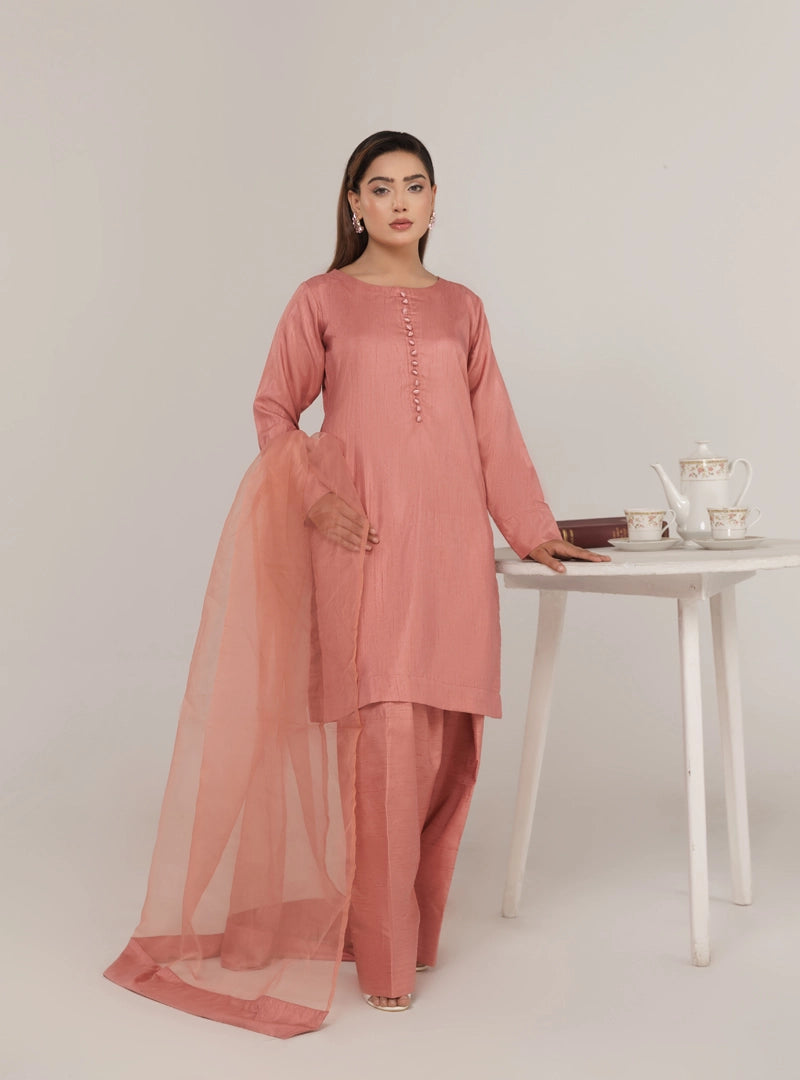 Firdous Eid Raw Silk Pink Suit With Farshi Salwar and Net Dupatta - Desi Posh
