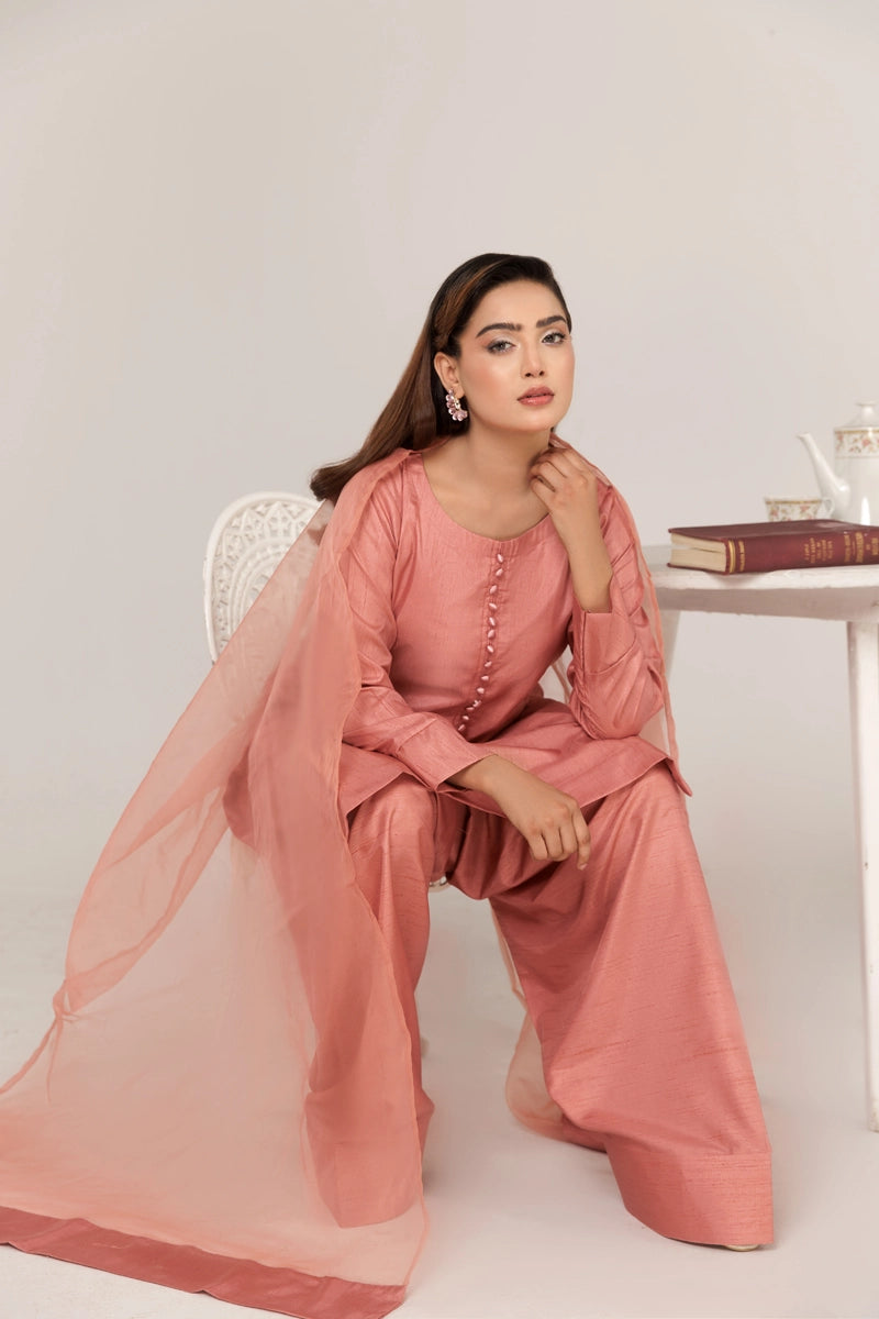 Firdous Eid Raw Silk Pink Suit With Farshi Salwar and Net Dupatta - Desi Posh