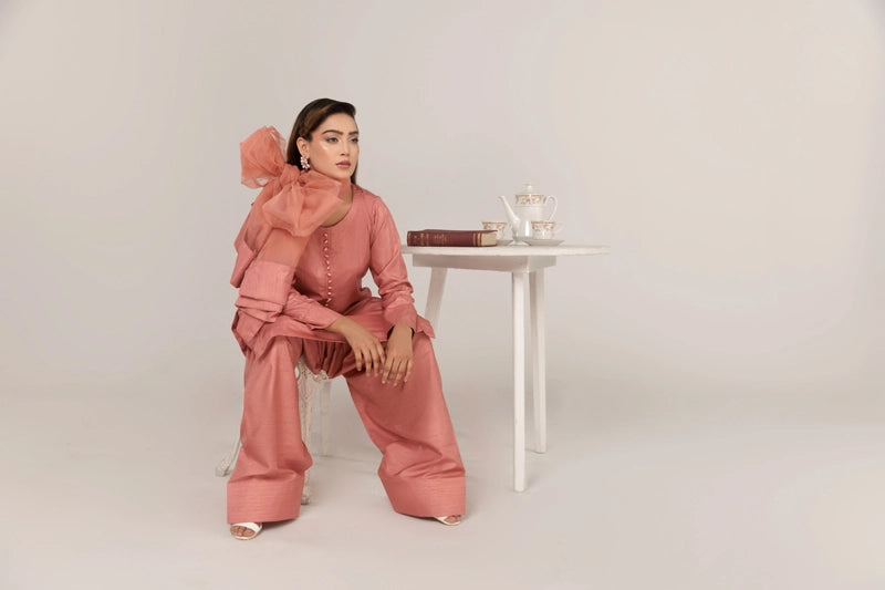 Firdous Eid Raw Silk Pink Suit With Farshi Salwar and Net Dupatta - Desi Posh