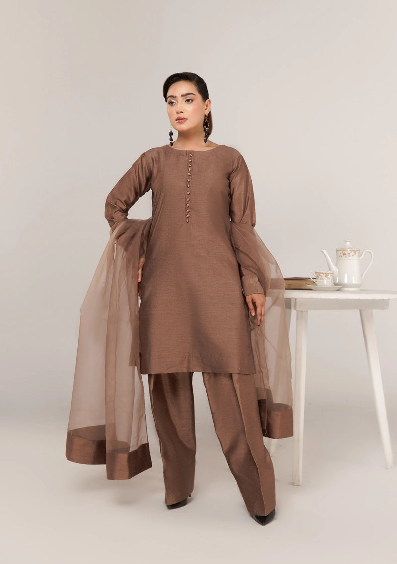 Firdous Eid Raw Silk Brown Suit With Farshi Salwar and Net Dupatta - Desi Posh