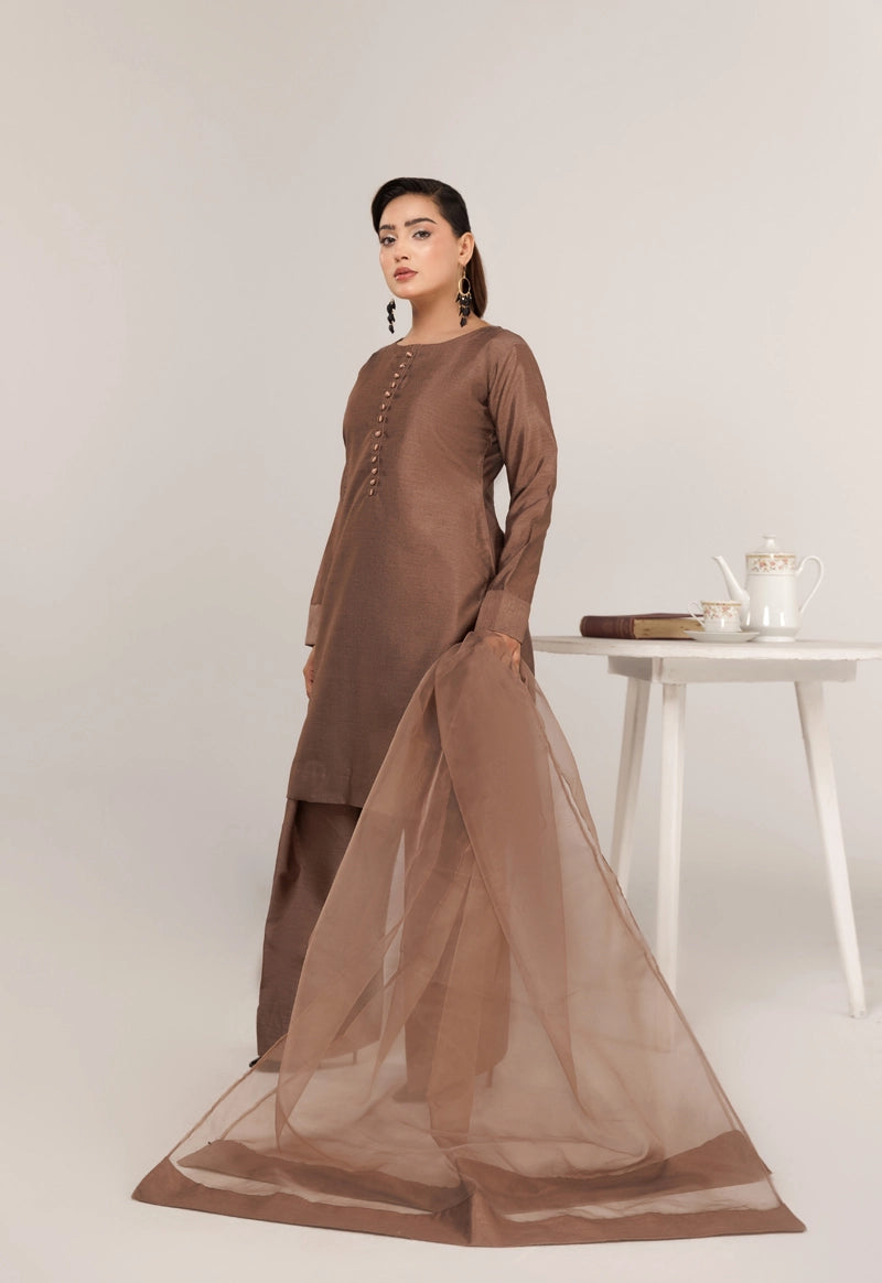 Firdous Eid Raw Silk Brown Suit With Farshi Salwar and Net Dupatta - Desi Posh