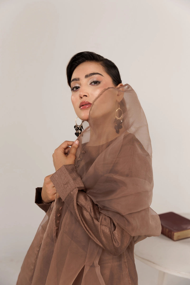 Firdous Eid Raw Silk Brown Suit With Farshi Salwar and Net Dupatta - Desi Posh