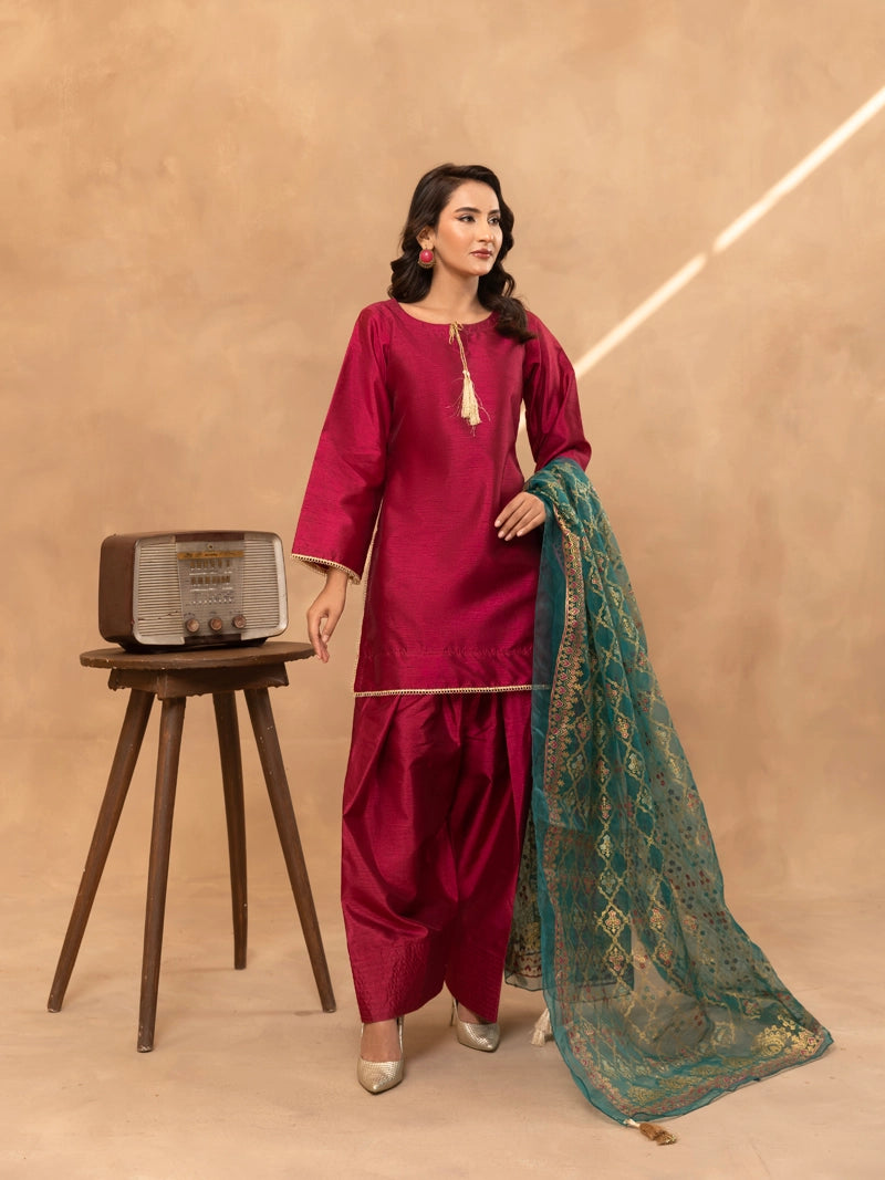 Firdous Eid Raw Silk Maroon Suit With Farshi Salwar and Net Dupatta - Desi Posh