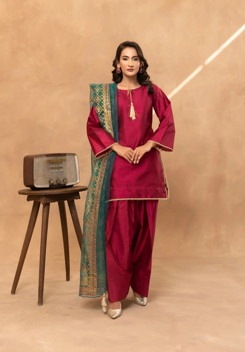 Firdous Eid Raw Silk Maroon Suit With Farshi Salwar and Net Dupatta - Desi Posh