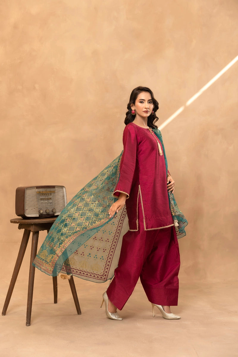 Firdous Eid Raw Silk Maroon Suit With Farshi Salwar and Net Dupatta - Desi Posh
