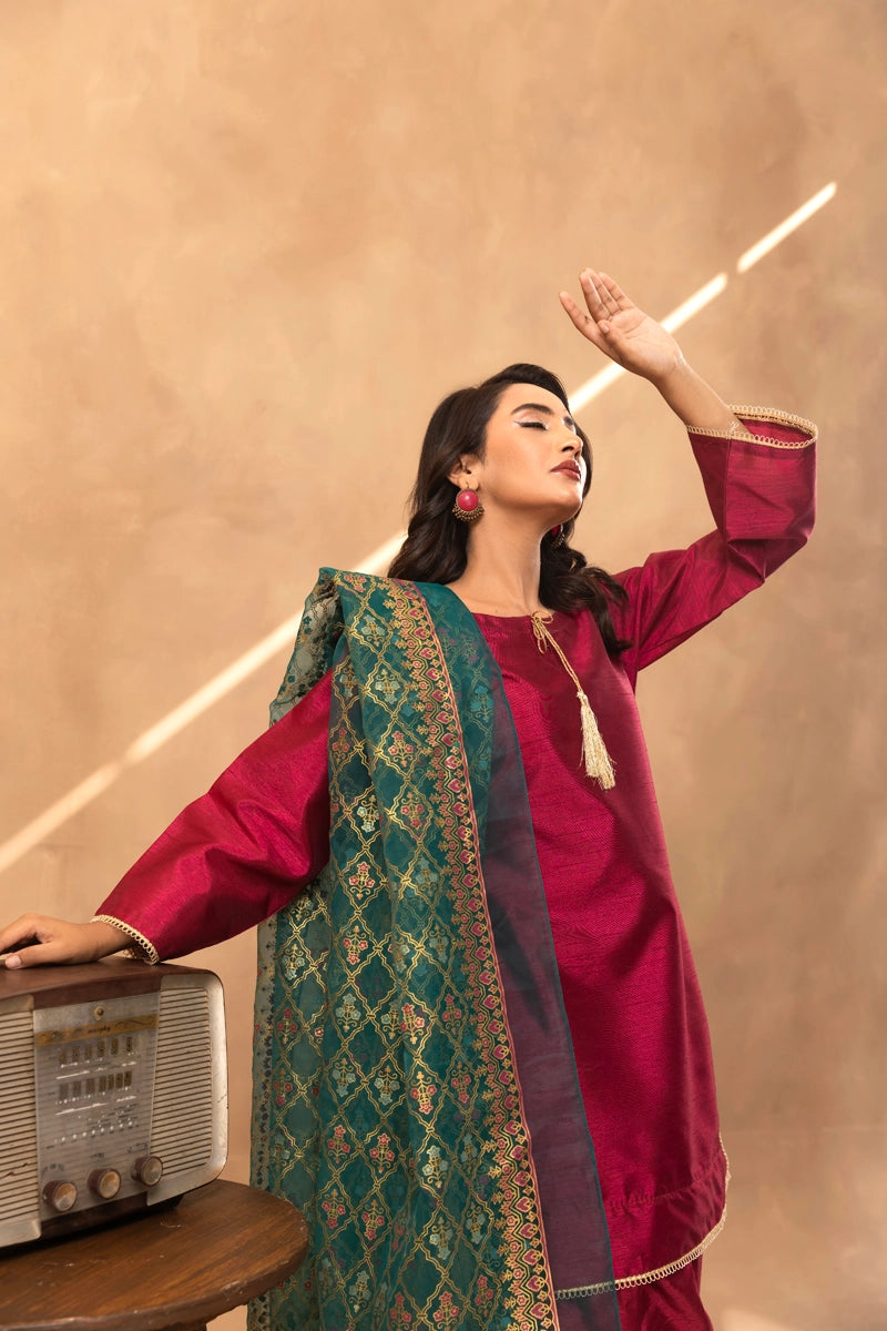 Firdous Eid Raw Silk Maroon Suit With Farshi Salwar and Net Dupatta - Desi Posh