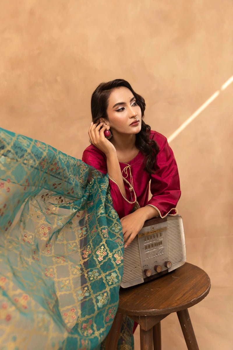 Firdous Eid Raw Silk Maroon Suit With Farshi Salwar and Net Dupatta - Desi Posh