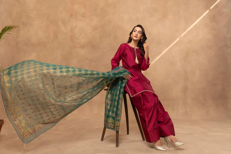 Firdous Eid Raw Silk Maroon Suit With Farshi Salwar and Net Dupatta - Desi Posh