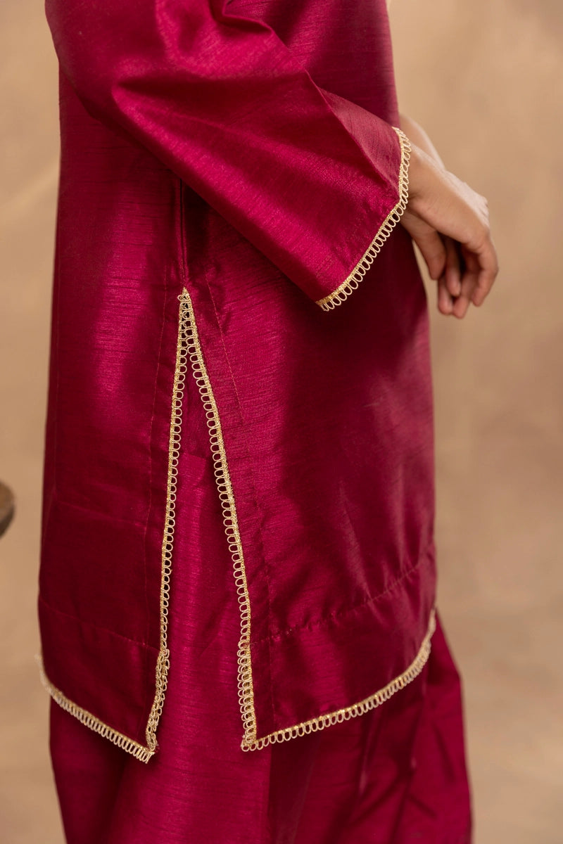 Firdous Eid Raw Silk Maroon Suit With Farshi Salwar and Net Dupatta - Desi Posh