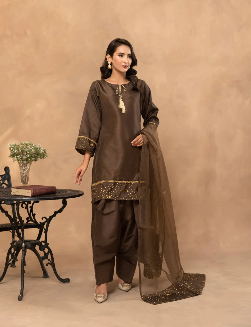 Firdous Eid Raw Silk Brown Suit With Farshi Salwar and Net Dupatta - Desi Posh